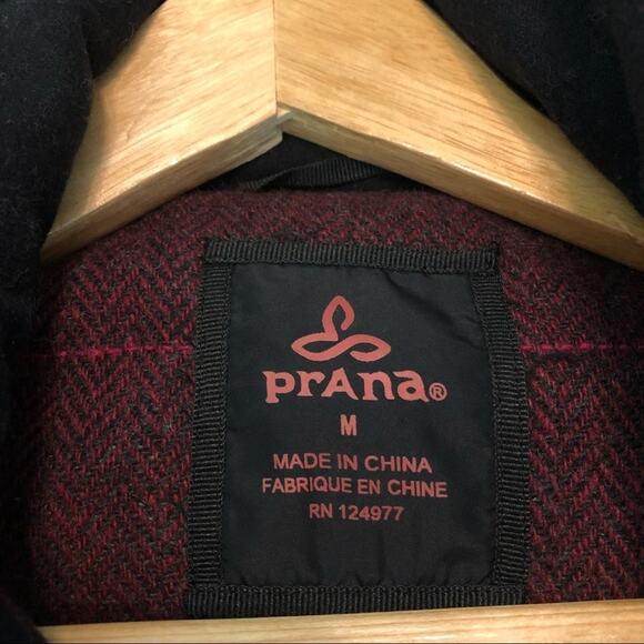 Prana Wool Coat Womens Medium Plaid Convertible Black Herringbone Winter Warm - Picture 2 of 12